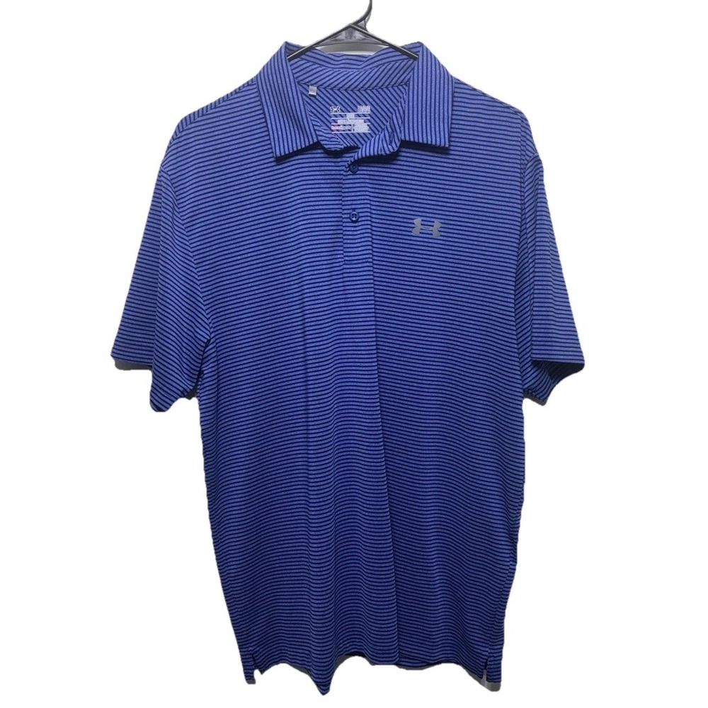 Under Armour HeatGear Mens Golf Polo Shirt Large Blue Stripe Loose Fit